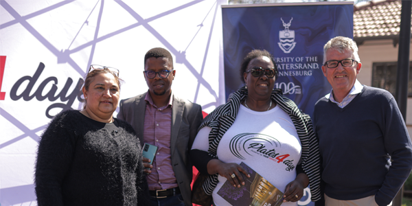 (l-r) Karuna Singh (WCCO: Senior Student Dev Proj Officer), Tshegofatso Mogaladi (Deputy Dean of Student Affairs), Mary Jane Morifi (Chief of Corporate Affairs and Sustainability, Tiger Brand) and Peter Bezuidenhoudt (Director: Wits Development Office)